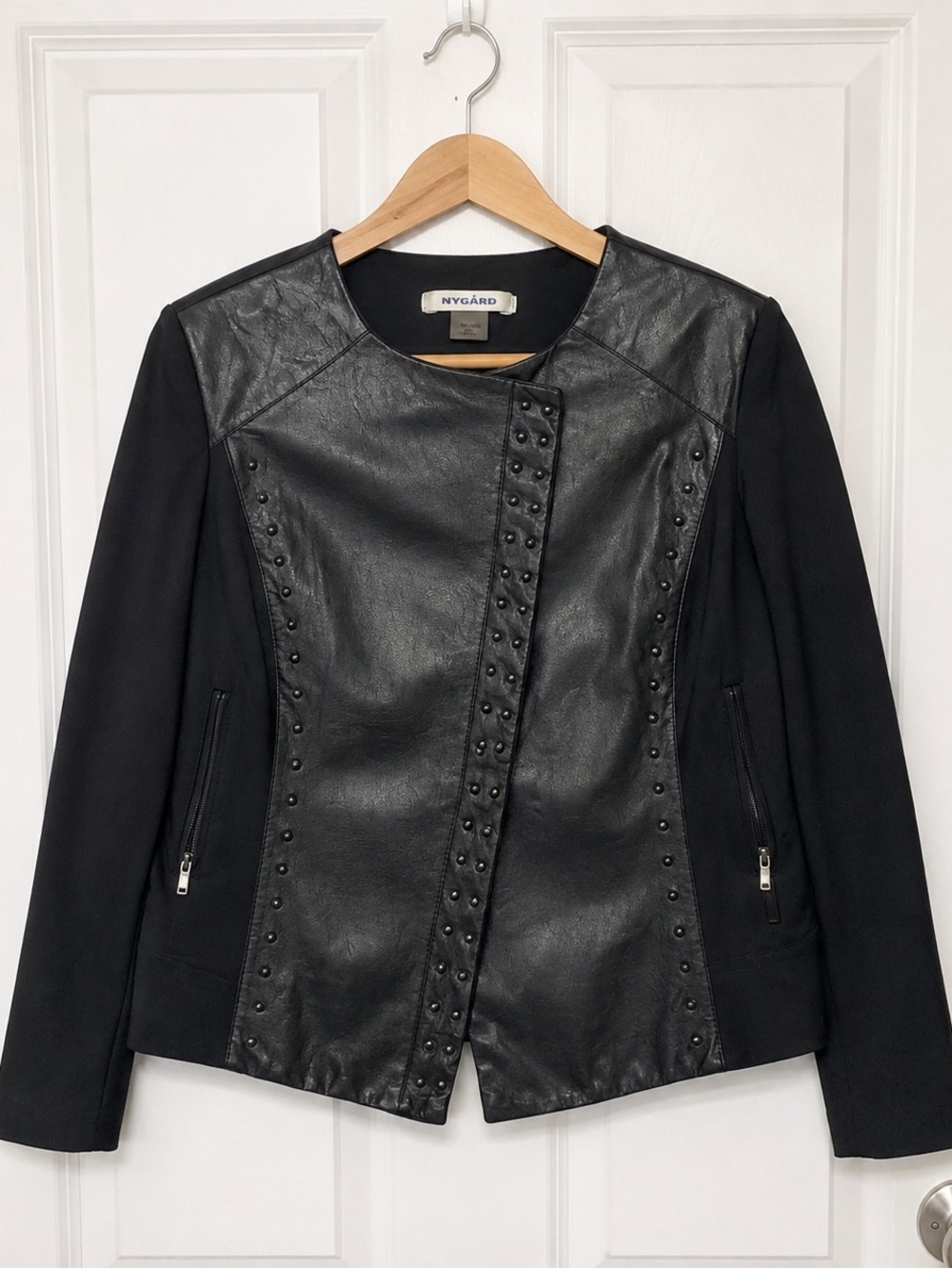 Nygard Petite Black Faux Leather Moto Jacket Grommet Studded Size PM Biker